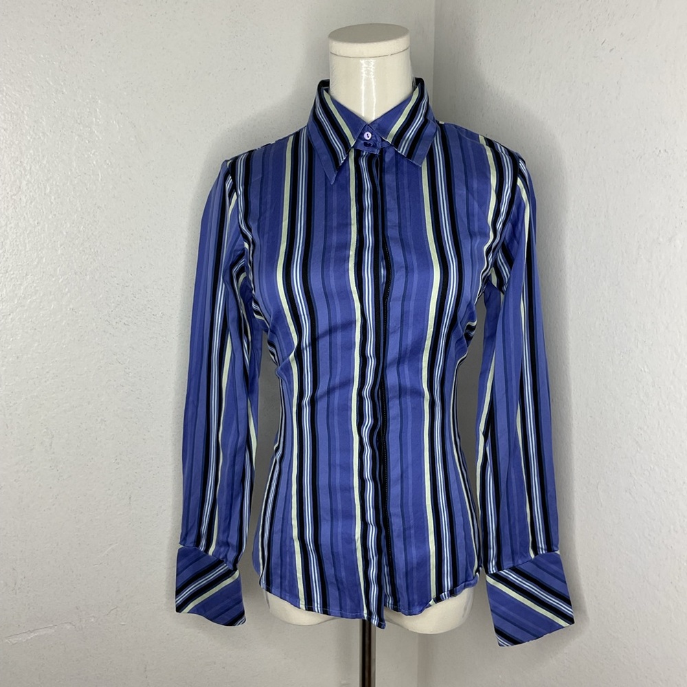Y2K Women's Blue Green Striped Button Down Shirt Preppy Office Long Sleeve Sz 8 - Picture 1 of 10